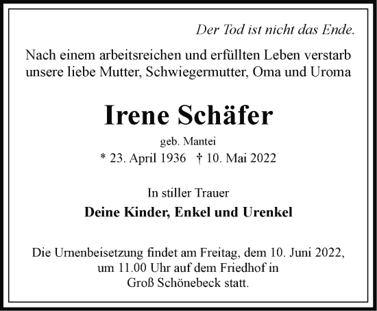 Traueranzeige von Irene Schäfer von Märkische Oderzeitung