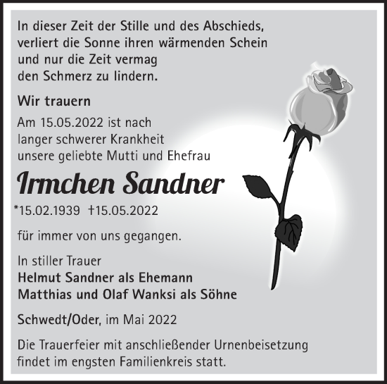 Traueranzeige von Irmchen Sandner von Märkische Oderzeitung