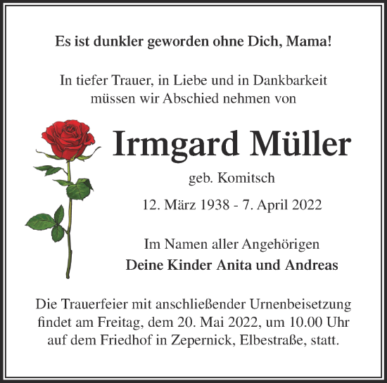 Traueranzeige von Irmgard Müller von Märkische Oderzeitung