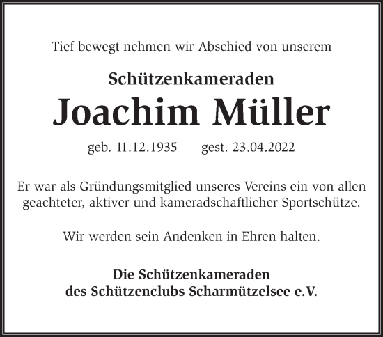 Traueranzeige von Joachim Müller von Märkische Oderzeitung