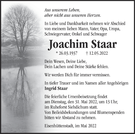 Traueranzeige von Joachim Staar von Märkische Oderzeitung