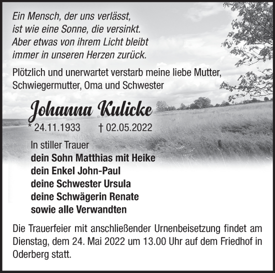 Traueranzeige von Johanna Kulicke von Märkische Oderzeitung