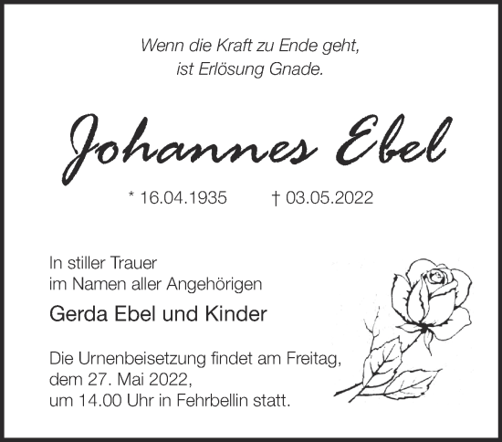 Traueranzeige von Johannes Ebel  von Märkische Oderzeitung