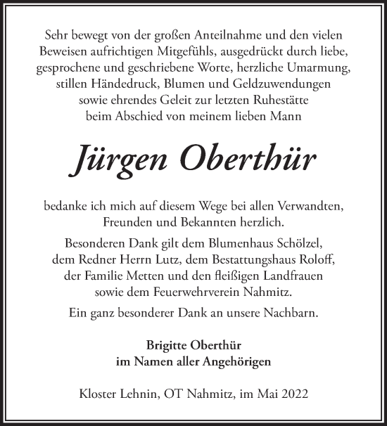 Traueranzeige von Jürgen Oberthür von Märkische Oderzeitung