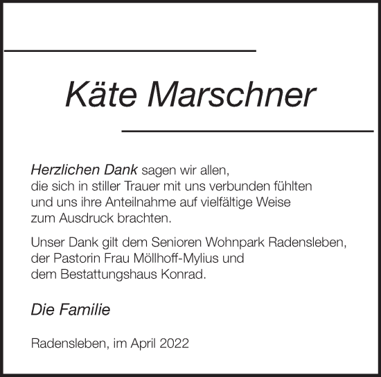 Traueranzeige von Käte Marschner von Märkische Oderzeitung