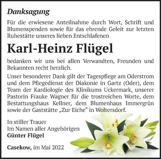 Traueranzeige von Karl-Heinz Flügel von Märkische Oderzeitung