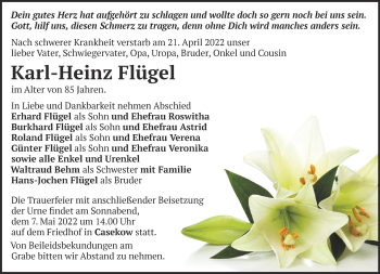 Traueranzeige von Karl-Heinz Flügel von Märkische Oderzeitung