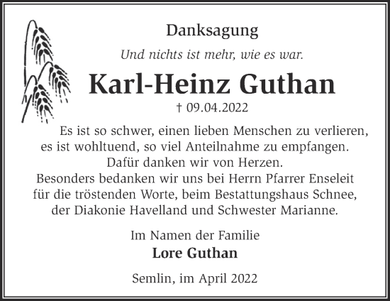 Traueranzeige von Karl-Heinz Guthan von Märkische Oderzeitung