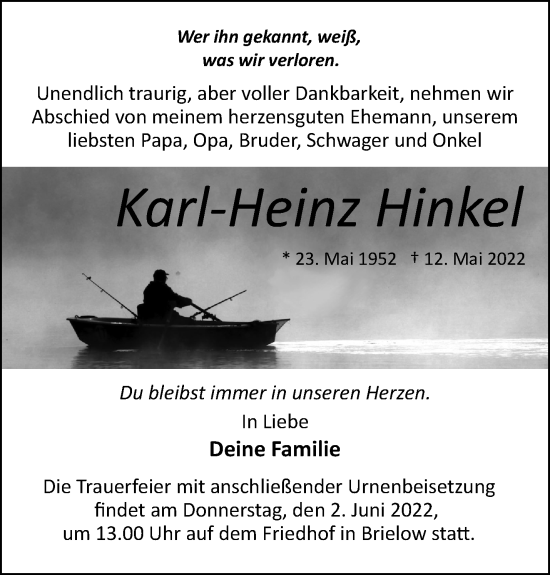 Traueranzeige von Karl-Heinz Hinkel von Märkische Oderzeitung