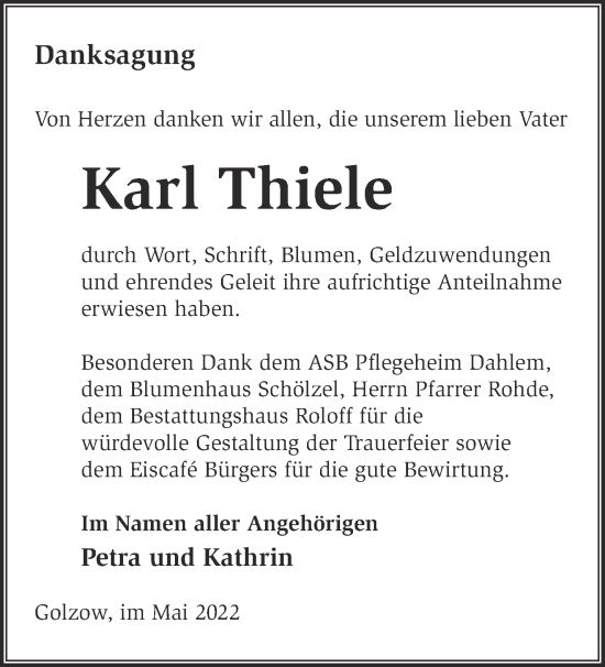 Traueranzeige von Karl Thiele von Märkische Oderzeitung