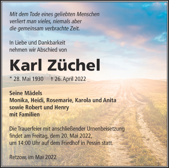 Traueranzeige von Karl Züchel von Märkische Oderzeitung