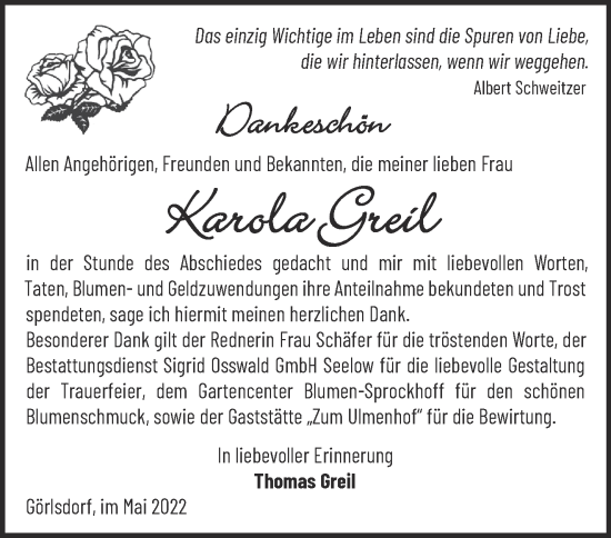 Traueranzeige von Karola Greil von Märkische Oderzeitung