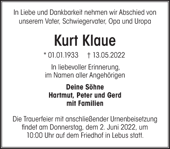 Traueranzeige von Kurt Klaue von Märkische Oderzeitung