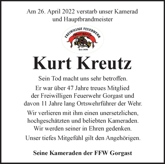 Traueranzeige von Kurt Kreutz von Märkische Oderzeitung