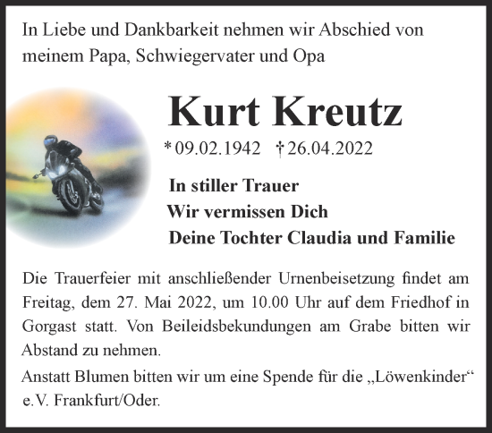 Traueranzeige von Kurt Kreutz von Märkische Oderzeitung