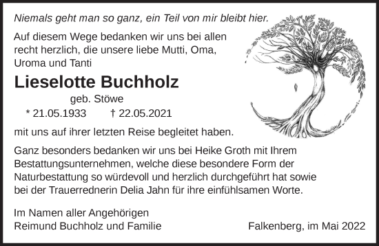 Traueranzeige von Lieselotte Buchholz von Märkische Oderzeitung