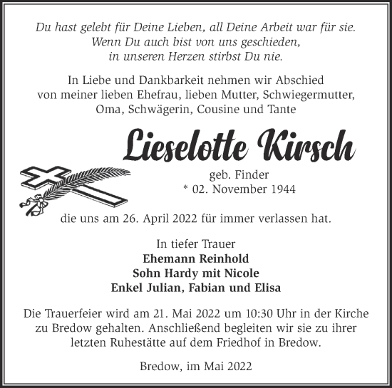 Traueranzeige von Lieselotte Kirsch von Märkische Oderzeitung