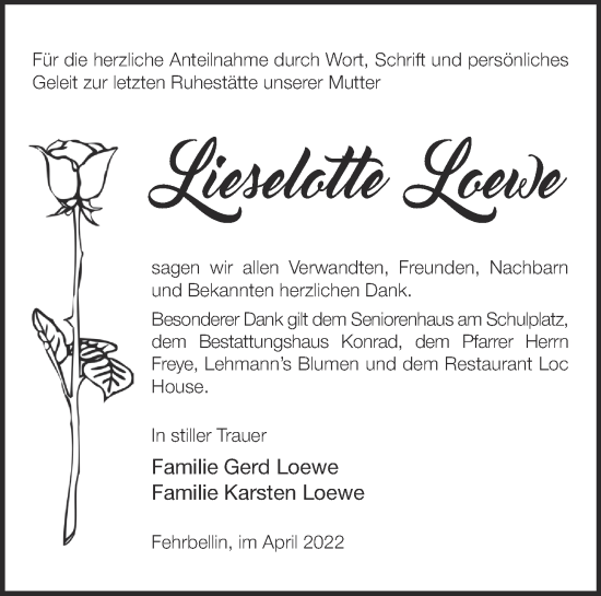 Traueranzeige von Lieselotte Loewe von Märkische Oderzeitung