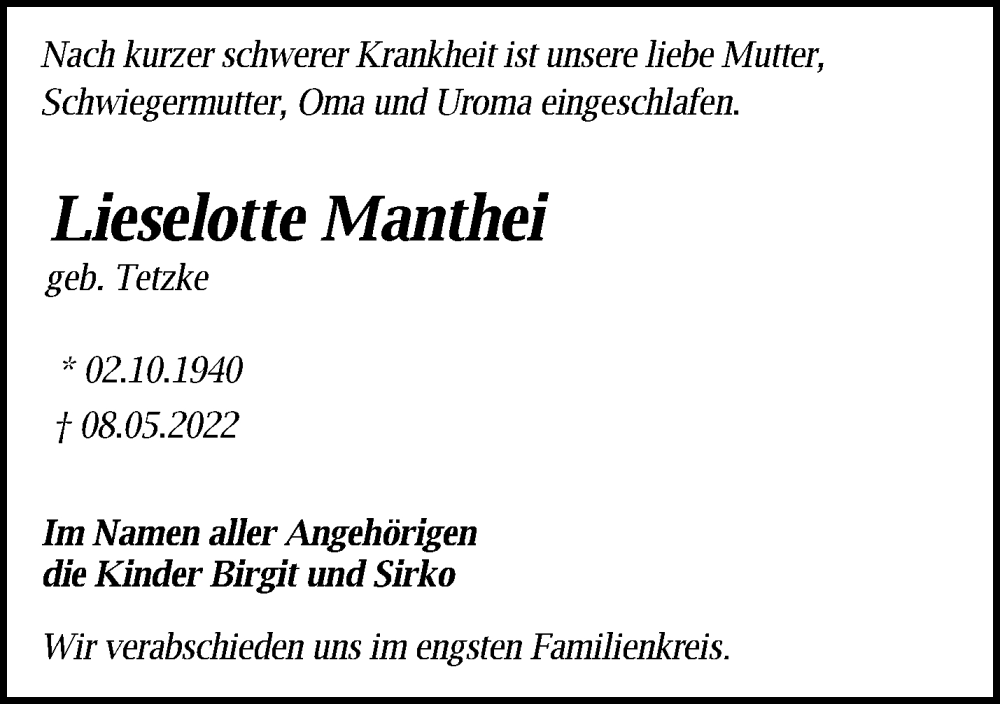  Traueranzeige für Lieselotte Manthei vom 12.05.2022 aus Märkische Oderzeitung