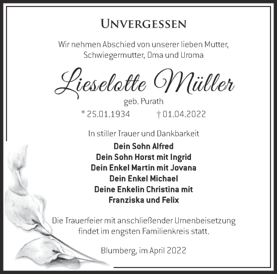 Traueranzeige von Lieselotte Müller von Märkische Oderzeitung