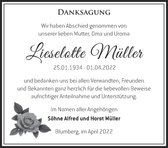 Traueranzeige von Lieselotte Müller von Märkische Oderzeitung