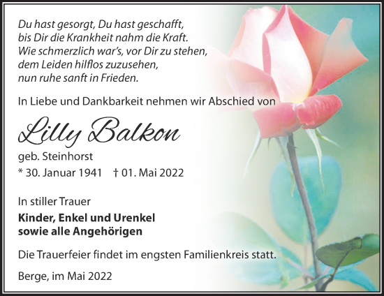 Traueranzeige von Lilly Balkon von Märkische Oderzeitung