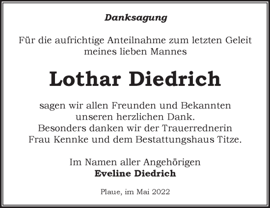 Traueranzeige von Lothar Diedrich von Märkische Oderzeitung