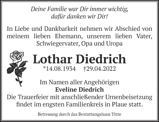 Traueranzeige von Lothar Diedrich von Märkische Oderzeitung