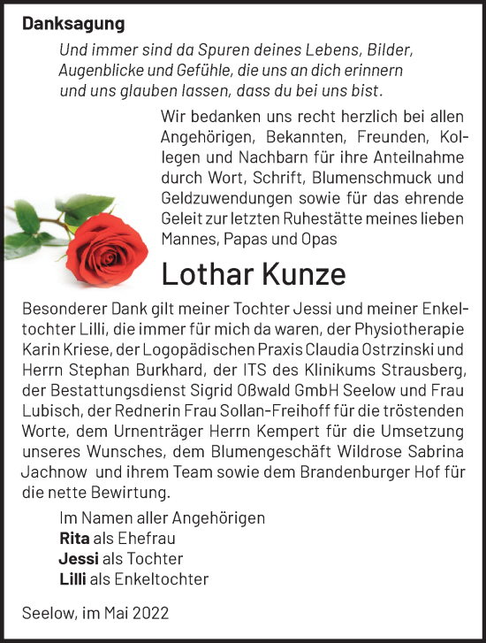 Traueranzeige von Lothar Kunze von Märkische Oderzeitung