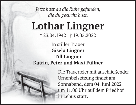 Traueranzeige von Lothar Lingner von Märkische Oderzeitung