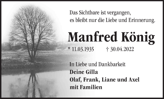 Traueranzeige von Manfred König von Märkische Oderzeitung