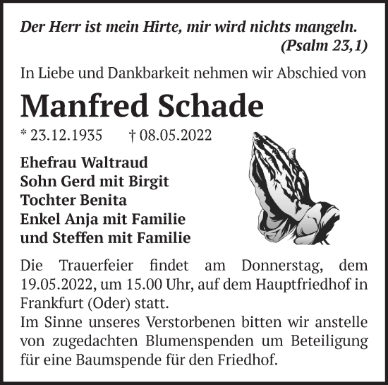 Traueranzeige von Manfred Schade von Märkische Oderzeitung