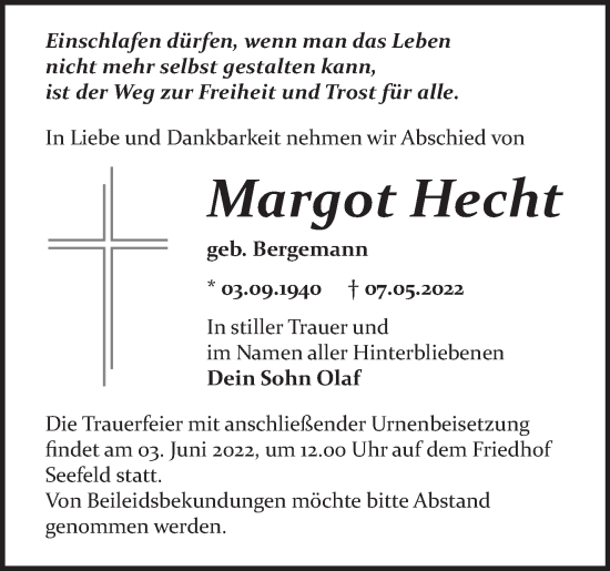 Traueranzeige von Margot Hecht von Märkische Oderzeitung