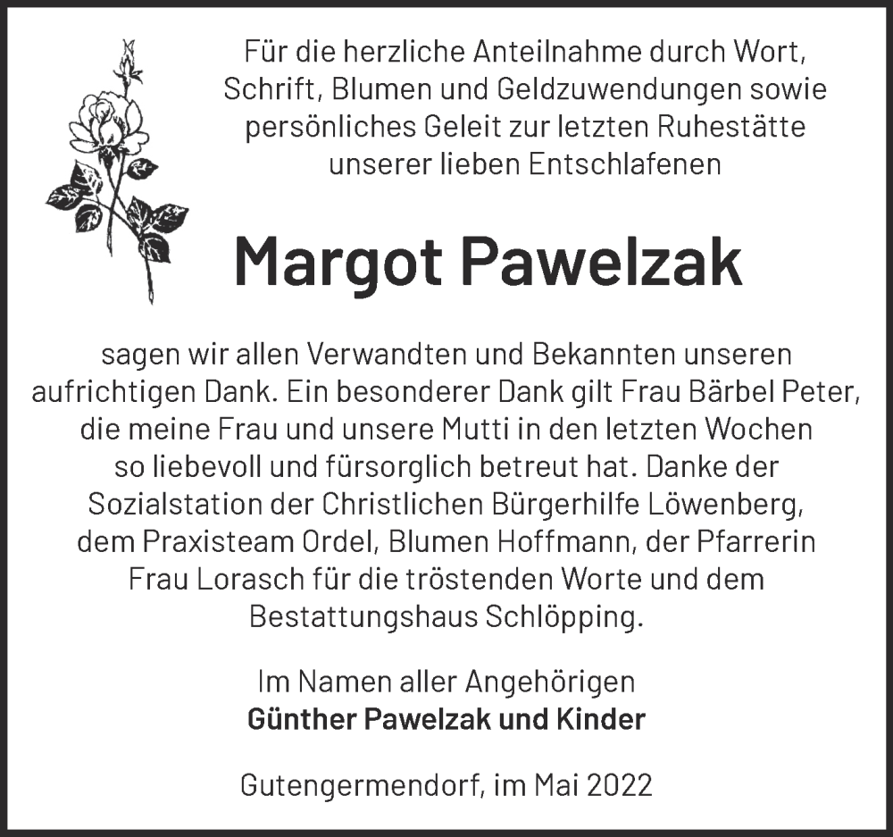  Traueranzeige für Margot Pawelzak vom 21.05.2022 aus Märkische Oderzeitung