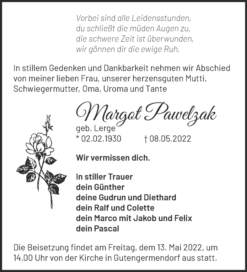  Traueranzeige für Margot Pawelzak vom 11.05.2022 aus Märkische Oderzeitung