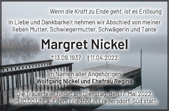 Traueranzeige von Margret Nickel von Märkische Oderzeitung