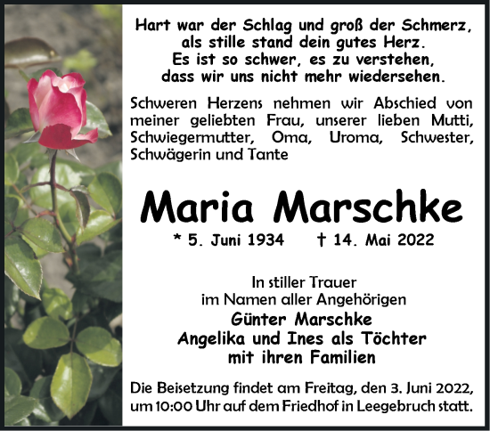 Traueranzeige von Maria Marschke von Märkische Oderzeitung