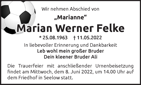 Traueranzeige von Marian Werner Felke von Märkische Oderzeitung