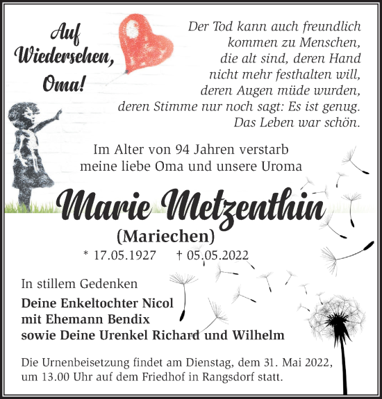 Traueranzeige von Marie Metzenthin von Märkische Oderzeitung