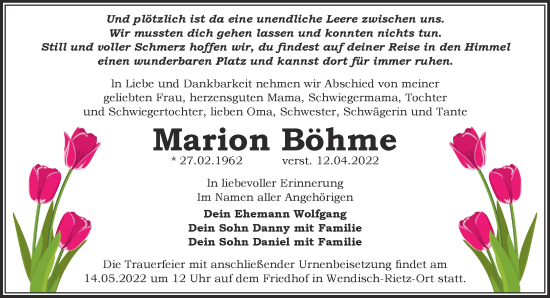 Traueranzeige von Marion Böhme von Märkische Oderzeitung