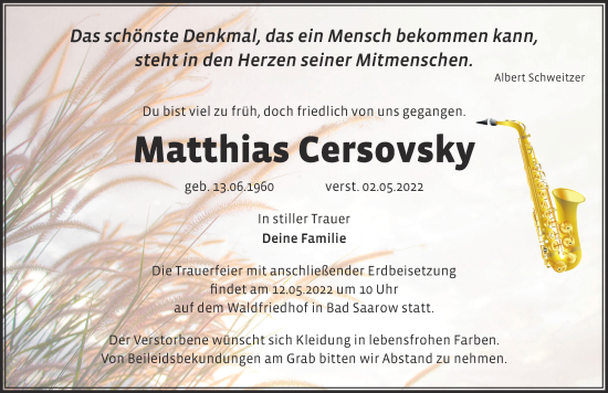 Traueranzeige von Matthias Cersovsky von Märkische Oderzeitung