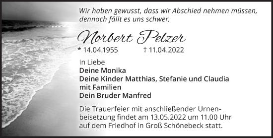 Traueranzeige von Norbert Pelzer von Märkische Oderzeitung