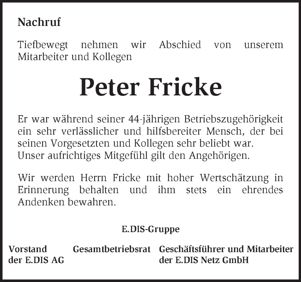  Traueranzeige für Peter Fricke vom 06.05.2022 aus Märkische Oderzeitung