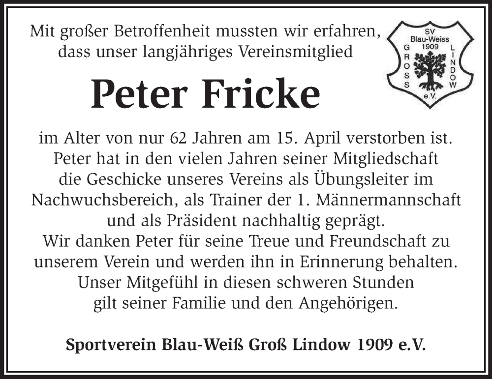  Traueranzeige für Peter Fricke vom 08.05.2022 aus Märkische Oderzeitung