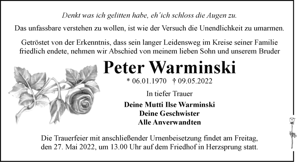  Traueranzeige für Peter Warminski vom 14.05.2022 aus Märkische Oderzeitung