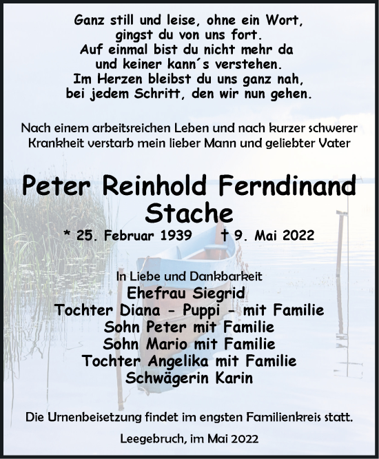 Traueranzeige von Peter Reinhold Ferndinand Stache von Märkische Oderzeitung