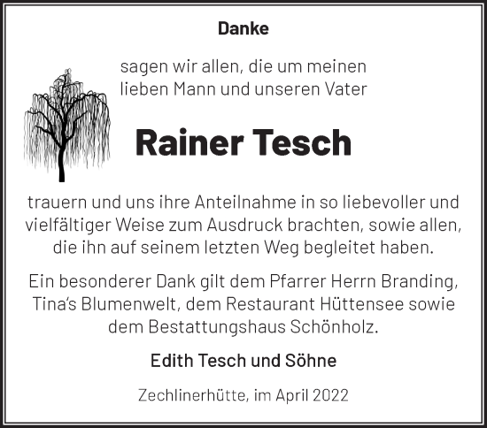 Traueranzeige von Rainer Tesch von Märkische Oderzeitung