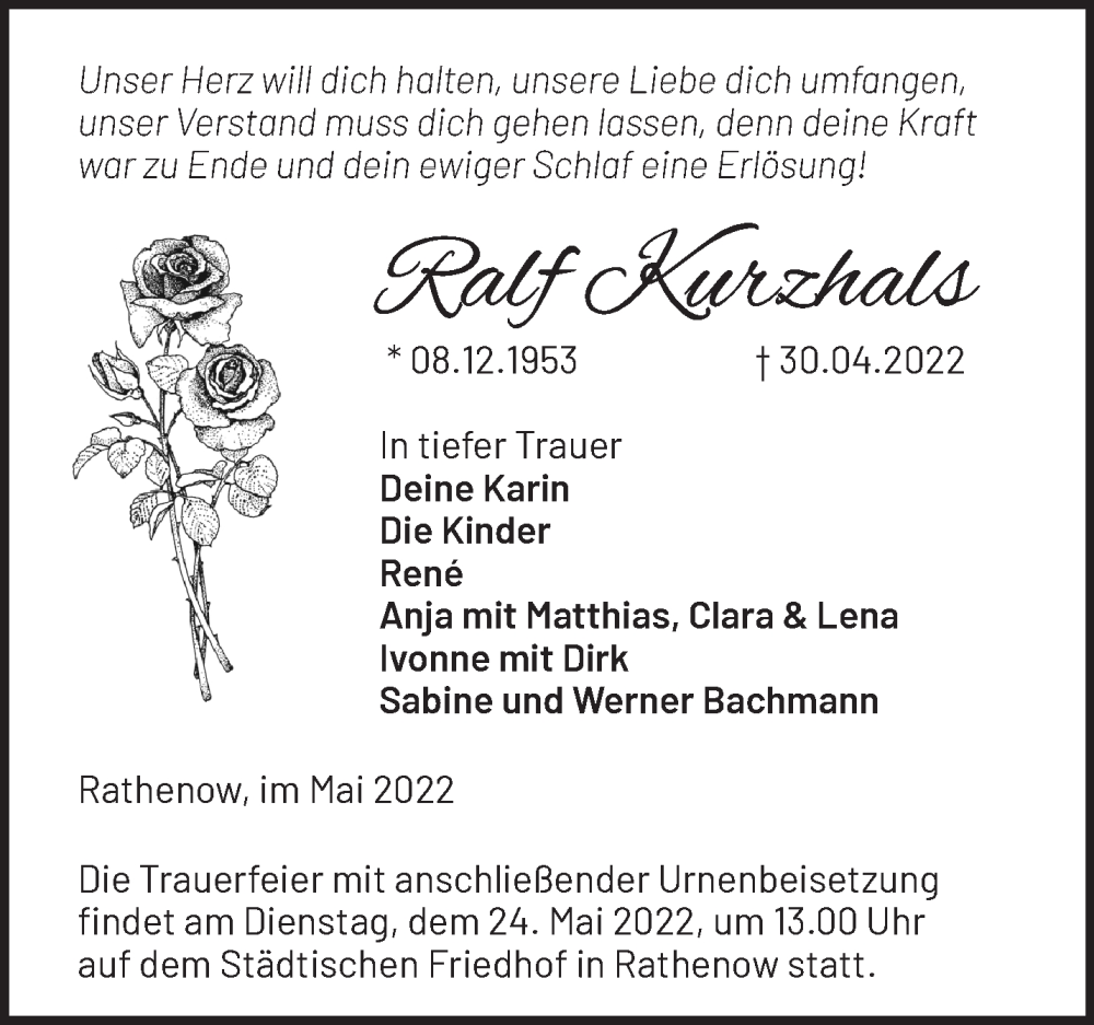  Traueranzeige für Ralf Kurzhals vom 15.05.2022 aus Märkische Oderzeitung