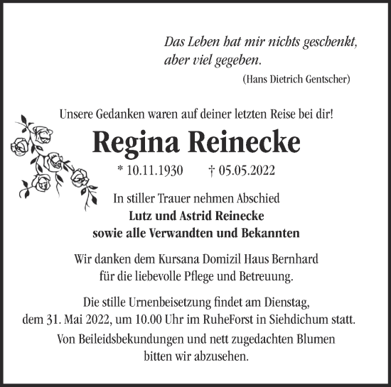 Traueranzeige von Regina Reinecke von Märkische Oderzeitung