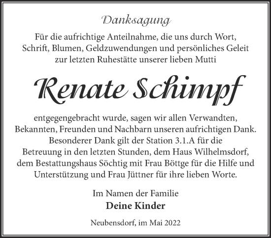 Traueranzeige von Renate Schimpf von Märkische Oderzeitung